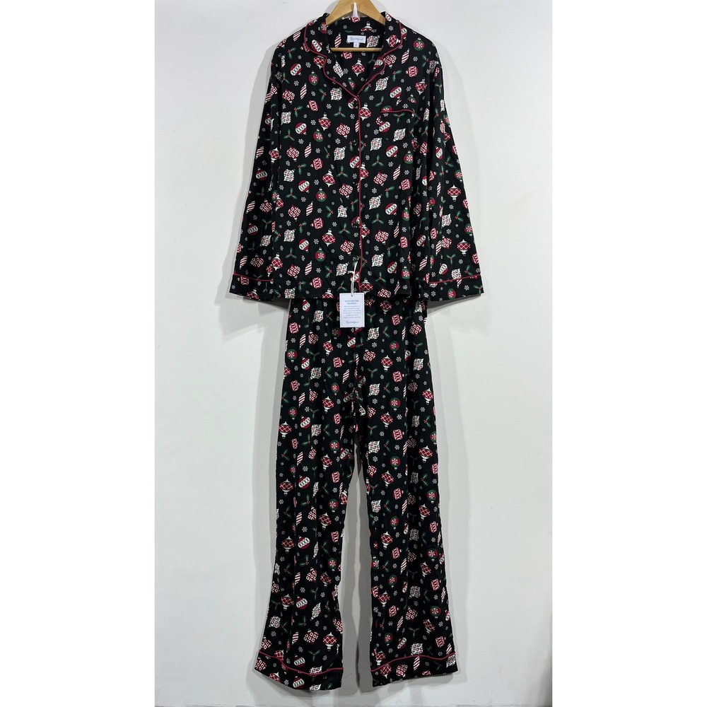 PajamaGram Womens XL Christmas Ornament Pajama Set Black Long Sleeve Sleepwear